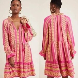 Size XS Maeve Anthropologie Boho Tunic Dress Mini Long Sleeve  Pink Yellowgreen